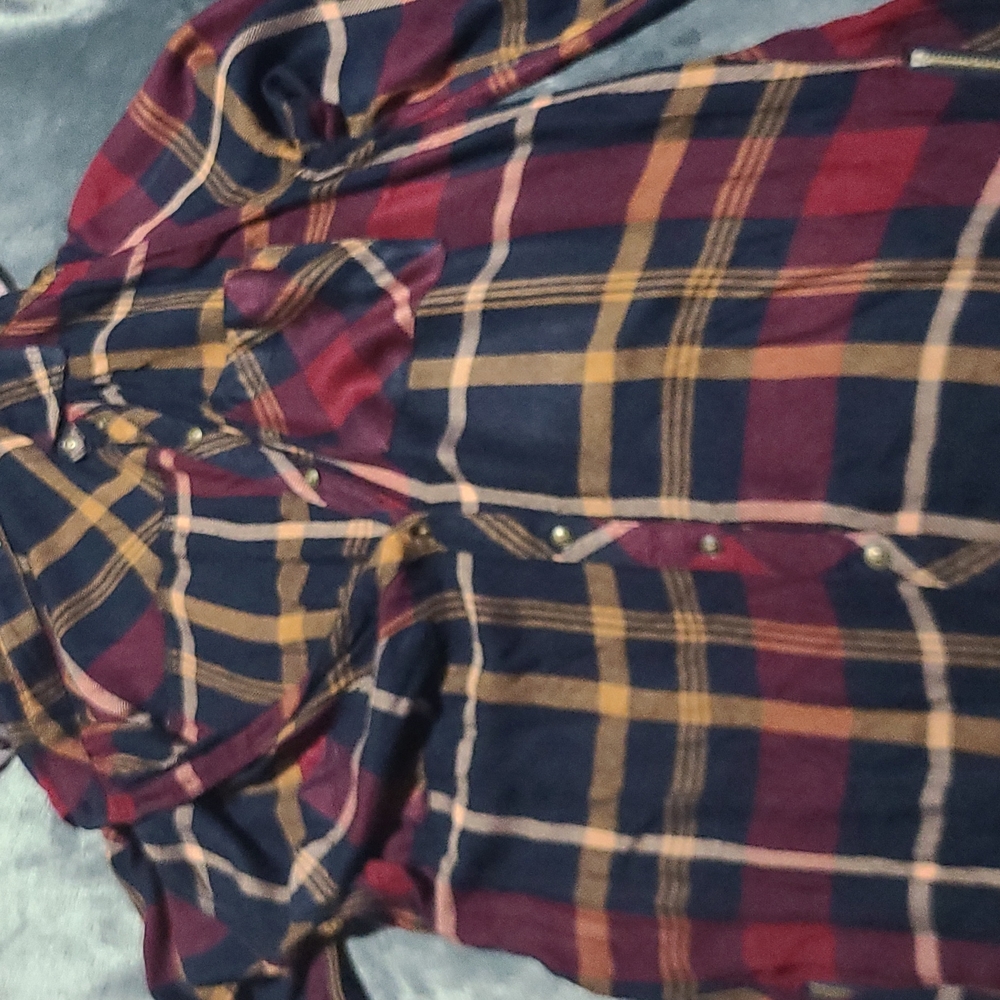 Burgandy navy gold plaid button shirt